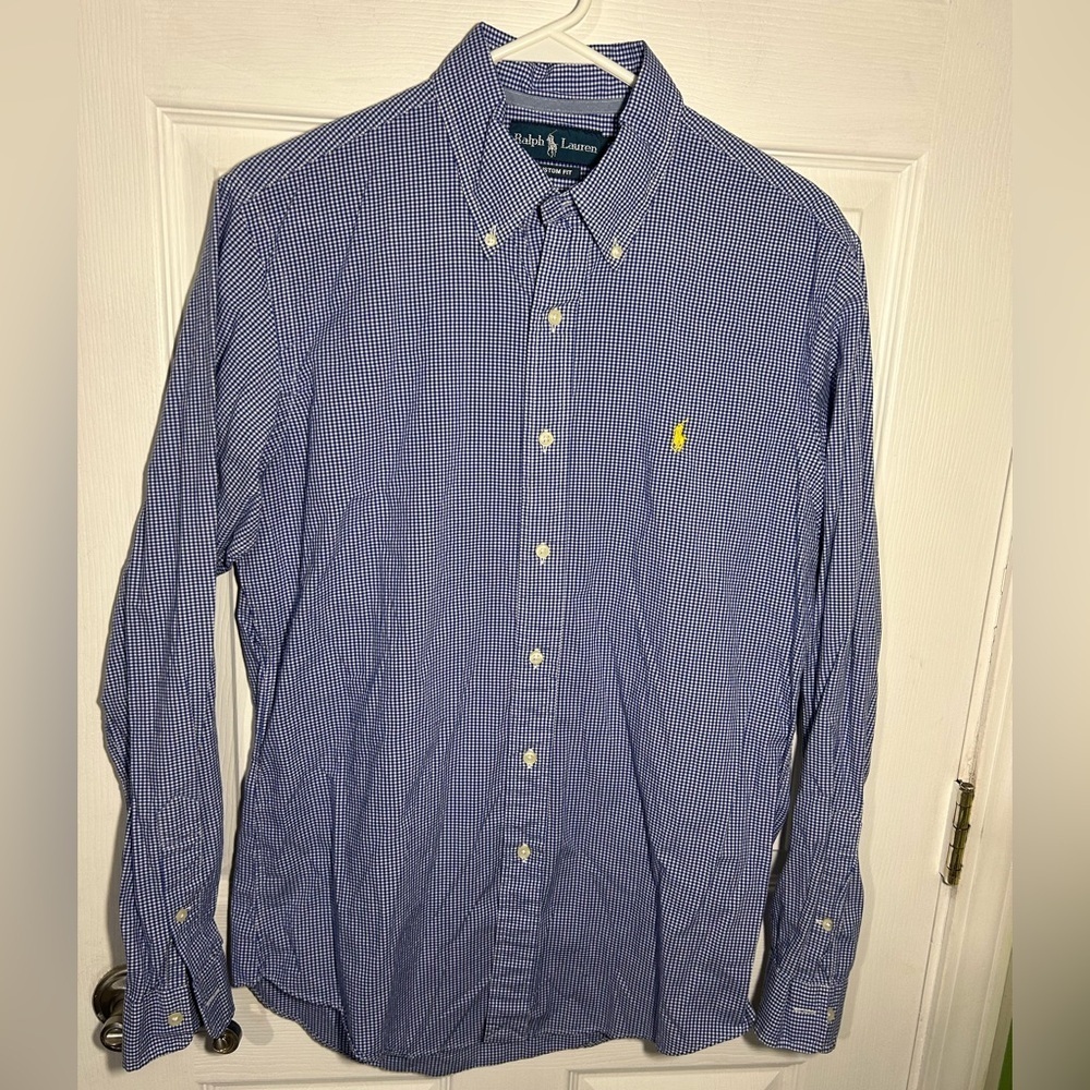 Ralph Lauren mens long-sleeve custom-fit Medium blue white yellow pony logo
